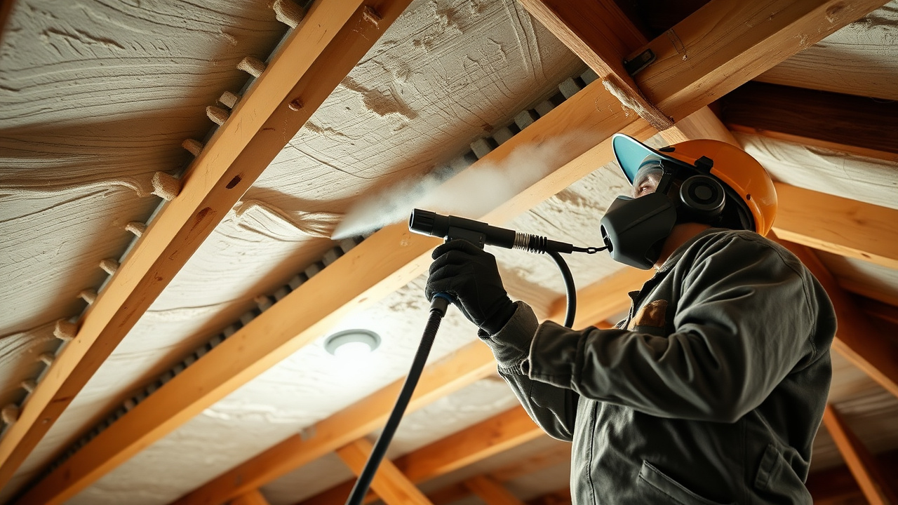 Technician spray-applying closed-cell spray foam insulation to a roof deck in a Phoenix, Arizona attic