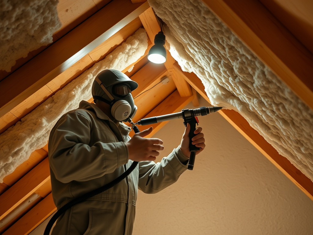 Technician spraying foam insulation onto an attic roof deck